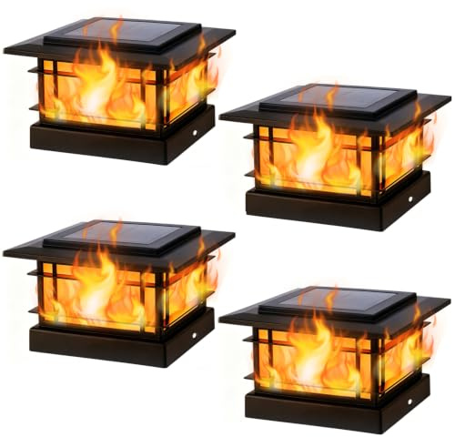 Dynaming 4 Pack Solar Flame Post Lights Outdoor, Solar Powered Fence Post Cap Lights, High Brightness Flickering Flame SMD LED Lighting Decor for Garden Deck Patio, 4x4, 5x5 or 6x6 Vinyl/Wooden Posts