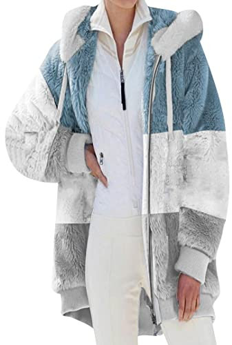 EFOFEI Damen Loose Plush Fluffy Hoodie Loose Warm Plush Fluffy Hoodies Plush Faux Fur Long Sleeve Hoodies Coat Blau L