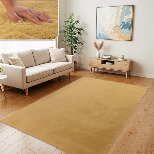 TT Home Wohnzimmer Teppich Hochflor Langflor Kunstfell Weich Modern Unifarben Flauschig, Farbe:Gelb, Größe:120x170 cm