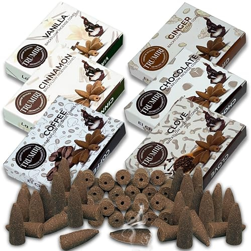 Gourmet - Backflow Incense Cones for Waterfall - Scented Inscents-Cones - Cinnamon, Vanilla, Coffee, Chocolate, Clove, Ginger - Insiensos Aromaticos - 6x10=60 Large Variety Pack
