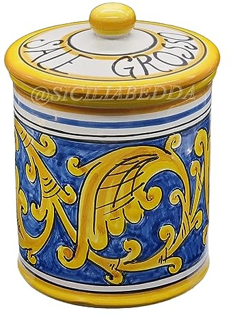 sicilia bedda - Barattoli Contenitori per Provviste in Ceramica di Caltagirone - Modello Maiolica Siciliana (Sale Grosso Altezza 12 CM)