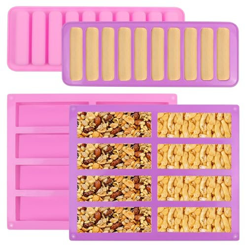 4 Pezzi Silicone per Stampi, Stampo per Barrette di Cereali con 8 10 Cavità, Stampi per Biscotti Rettangolare in Silicone per Cioccolatini Budino Burro Brownie Torte Ghiaccio