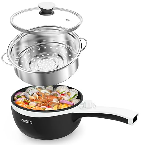 DEZIN Hot Pot Electric with Steamer Upgraded, Non-Stick Sauté Pan, Rapid Noodles Electric Pot, 1.5L Mini Pot for Steak, Egg, Fried Rice, Ramen, Oatmeal, Soup with Power Adjustment (Egg Rack Included)