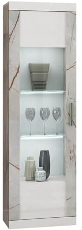 AltoBuy Eros - Vitrine 1 Porte Blanc Eclairage LED intégré avec Décor Latéral Aspect Marbre