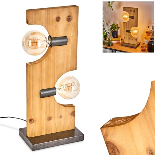 Tischleuchte Santorum, Nachttischlampe aus Holz/Metall in Natur/Nickel-Antik, Tischlampe 2-flammig im skandinavischen Design, 2 x E27, Höhe Leucht m. An-/Ausschalter am Kabel, ohne Leuchtmittel