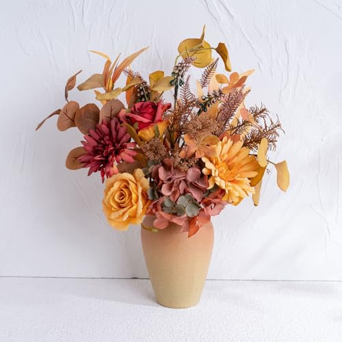 Yorkmills Artificial Rose with Vase, Autumn Flowers Bouquets, Fake Gerber Daisy Flowers Arrangement, Sunflowers in Vase Suitable Home, Office, Fall Decor, Table Centerpieces Decoration