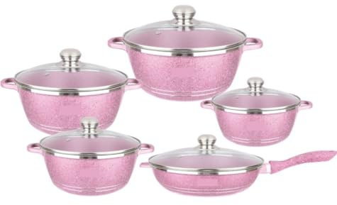 Habrur Pot Set Cookware Set 5 Pcs Cooking Pot Nonstick Cookware Sets With Glass Lids Aluminium Home Frying Pan Stock Pot Kitchen Supplies Pots and Pans Set(Pink)