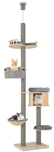 COSTWAY 7 Tier Tall Cat Tower, Adjustable Height 255-280cm, Cat Condo, Scratching Posts, Cattail Basket Bed, Hammock, Climbing Activity Center for Indoor Cats