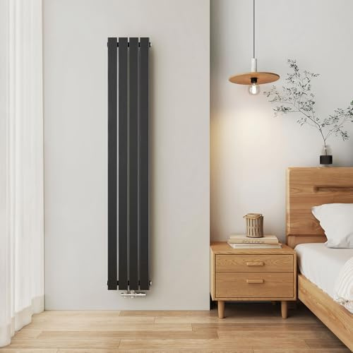 EMKE Design Heizkörper Schmal Hoch, 1800x304 mm Vertikal Flachheizkörper mit Mittelanschluss, Einlagig Schwarz Paneelheizkörper Wandheizkörper für Bad, Flur& Wohnzimmer, 559W