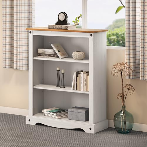 Corona White Small Bookcase Solid Wood Pine Wooden Low 3 Shelf Open Display Shelving Unit Shelves Painted Shabby Chic Mexican Style Office Living Room Hallway 100cm High. 82cm Wide. 29cm Deep.