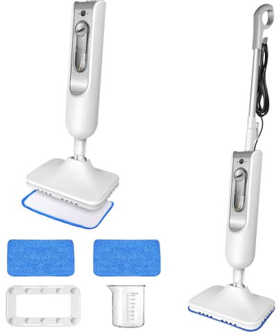 Balai Vapeur avec 2 Patins Microfibre - Nettoyeur de Sol 1500W - Multi-Surfaces - Temps de Chauffe 15 sec - Tête Pivotante 180° - Réservoir 400 ml - Nettoyage Parfait, Blanc et Gris