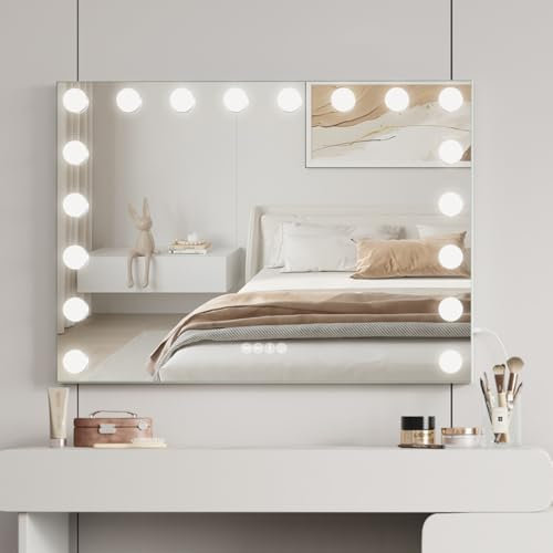 Moziel Espejo de Maquillaje con Bluetooth, 80 x 60 cm, Espejo tocador con Luces de 18 LED Hollywood, montado en la Pared o en la Mesa, 3 Colores de luz y función de Brillo Ajustable