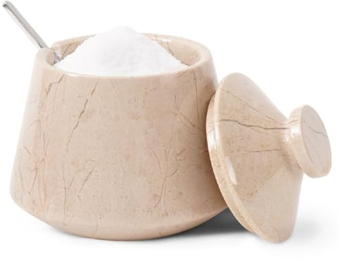 EARTHEN CRAFTS Marble Tumbler Salt Cellar With Lid & Spoon Verona 4 Inch Handmade Sugar Container - Salt Crock and Spices Bowl For Kitchen Storage Accessories - Brown Sugar Keeper