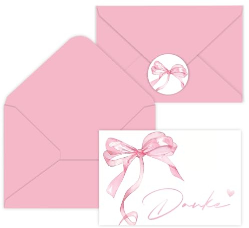 Calkkrer 10 Stück Rosa Schleifen Danke Karten mit Umschlägen & Stickers, Wasserfarben Design, Leere Pink Note Cards, Geeignet für Partys, Geschenke, Lehrer, Danksagung