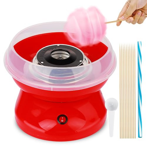 Machine à Barbe à Papa, 450w Cotton Candy Machine pour La Maison Barbe a Papa Appareil avec Cuillère Et 10 Bâtonnets Facile à Utiliser et Nettoyer Idéal pour Anniversaire Enfant, Rouge