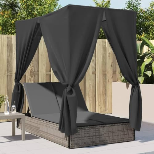 Homgoday Doppel-Sonnenliege mit Dach und Vorhängen Grau Gartenliege Doppelliege Balkonliege Relaxliege Sonnenliegen für 2 Personen Garten Relaxliege Poly Rattan