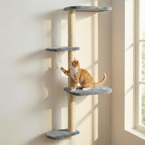 Katzenbaum Wand 125cm, Kratzbaum Katzen Kletterwand 4 Eben aus Natürliches Holz mit Weichem Grauem Plüschstoff, Katzenkratzbaum für Katzen zum Klettern, Kratzen und Spielen