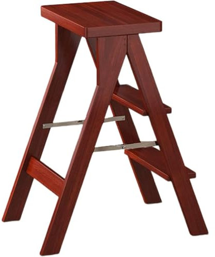 Wooden Folding Library Ladder Chair - Convertible Stepladder Stool, Portable Foot Ladder & Flower Shelf for Adults, Max Weight 100kg - Wine Red, No Pad