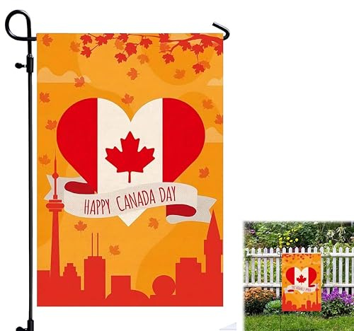 LEOINAER Bandiera da Giardino 12x18 Pollici per Decorazioni Festa Canada in Lino Imitazione con Stampa a Cuore d'Acero Rossa Resistente per Esterni Cortile Prato celebrazioni patriottiche