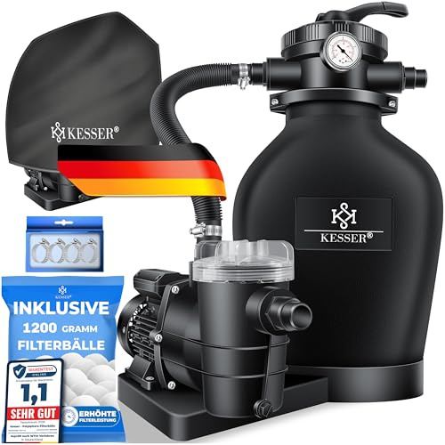 KESSER® Sandfilteranlage mit Pumpe & 1200g Filterbälle | Poolfilter 600W | Sandfilter für Pool 13200L/h Durchfluss | Tankvolumen bis 30kg Sand | 7-Wege Ventil mit Druckmanometer, Abdeckung & Zubehör