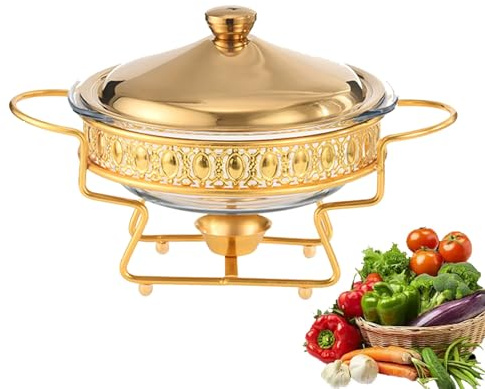 2L Round Chafing Dish Stainless Steel Buffet Warmer Set with Tray | Fuel Rack, Ceramics Chafing Dish Buffet Set for Party Birthday Wedding,Gold