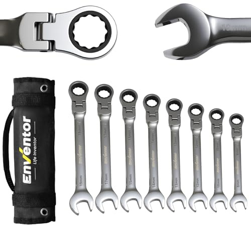 Enventor 8-teiliger Flexibles Ratschenschlüssel Set, Gabelschlüsselsatz, 72 Zähne, in Aufbewahrungstasche, Chrom-Vanadium-Stahl, 8–19 mm, für Elektriker, Autoreparaturen, Möbelmontage