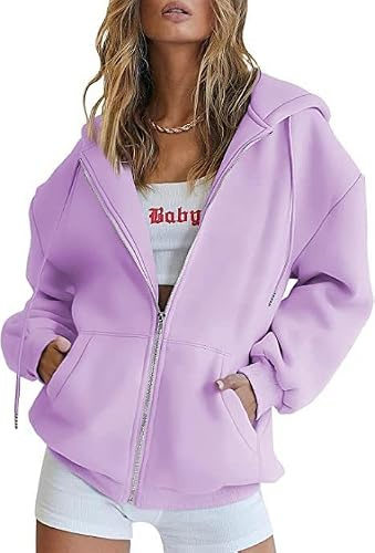 Placitiume överdimensionerad huvtröja med dragkedja för kvinnor höst skola casual sweatshirt jacka vinteroutfit, Ljuslila, XL