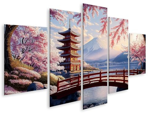bilderfelix Tableau sur toile Paysage japonais pendant la saison des cerisiers en fleurs avec le mont Fuji - Toile 170x80 cm - 5 panneaux