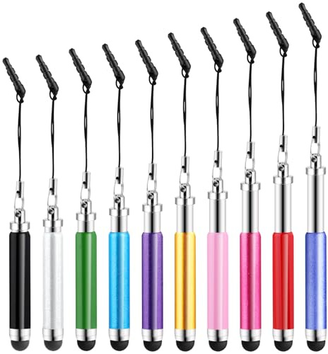 TIESOME 10 st mini pekskärmspennor utdragbar pekskärm penna med gummispets flera färger med svart rep set för smartphone mobiltelefon surfplatta
