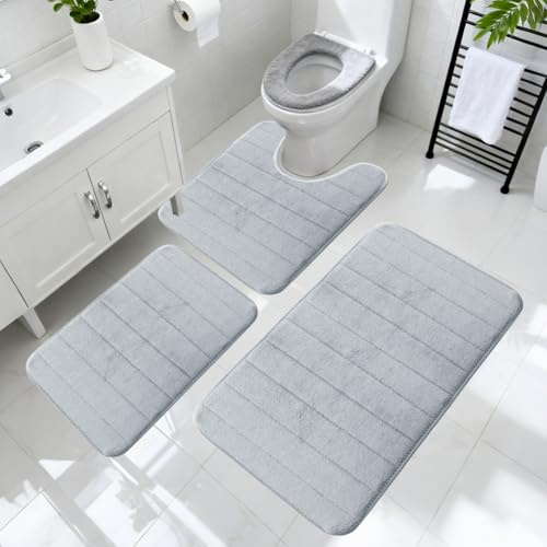 YNNHUDEEP 3-teiliges Badezimmerteppich-Set mit Memory-Schaum – rutschfeste, waschbare Badematten für Bad, Dusche und Toilette – Luxuriöser Komfort und modernes Design (Hellgrau)