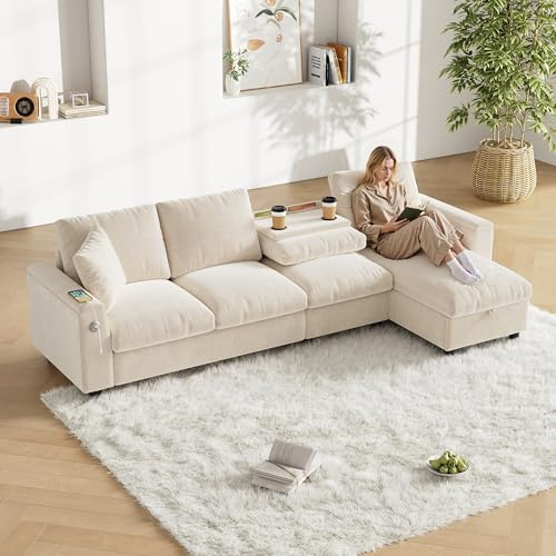 Merax Sofa Ecksofa mit Stauraum und Schlaffunktion, Multifunktionalen 4-Sitzer Couch mit Ausklappbarem Couchtisch, Getränkehalter, Armlehnen-Staufächern und USB+Type C, Bequeme Chenille Stoff, Beige