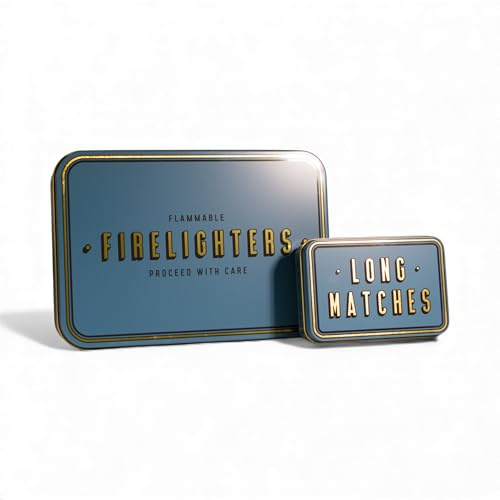 TINIT Firelighter and Match Tin Set - Storage Accessory Metal Tin Natural Woodburner Fire Stove Fireplace Fireside Mens Gift Present BBQ Matches Unique Gift Housewarming (Gold on Navy)
