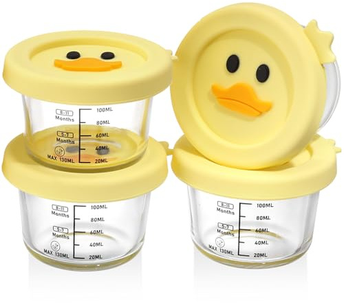 FikaNook 4 Stück Verstärktes Glas Babybrei Einfrieren Behälter, Beikost Baby Zubehör, Babynahrung Aufbewahrung, BPA-frei, Auslaufsicher, Mikrowelle, Geschirrspüler & Gefrierschrank sicher