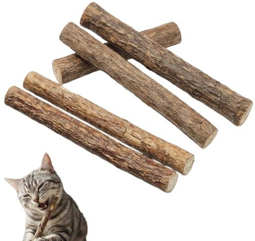 YAZWUR 5 Sticks für Katzen Zahnpflege Natur, Kauknochen gegen Mundgeruch, Zahnbürste und Katzenspielzeug aus Holz für Selbstbeschäftigung