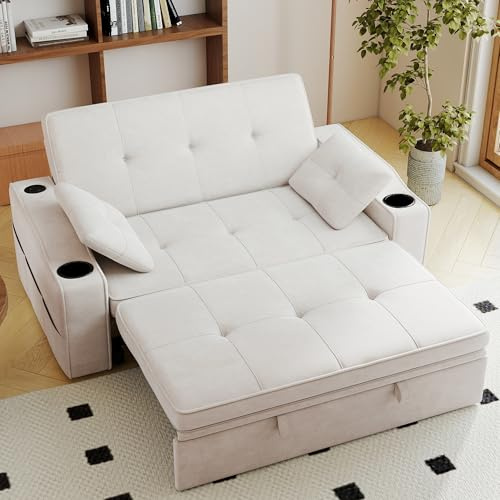 Winlice Chenille 2-Sitzer Schlafsofa 3-in-1,Klappbares Gästebett mit 5-stufig Verstellbarer Rückenlehne & Getränkehaltern,Ausziehbares Sofa für Wohnzimmer,Arbeitszimmer oder Wintergarten, Cremeweiß