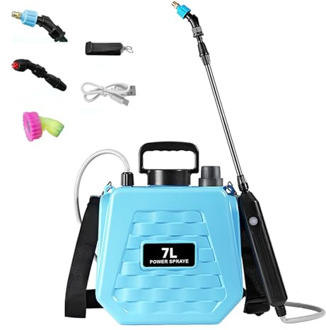 Spruzzatore elettrico 10 l/7 l, ricaricabile 1500 mAh, potente spruzzatore da giardino con 3 ugelli regolabili, canna telescopica, irrigazione, diserbo, pulizia per prato, cortile e giardino (7 l blu)