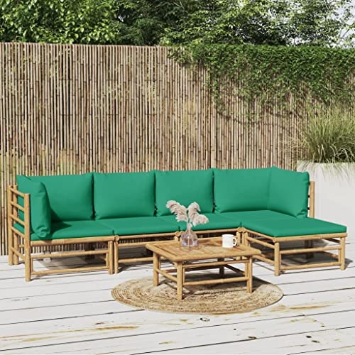 Owoxanthellate 6-TLG Bambus Lounge-Set 55×65×30 cm mit grünen Kissen, wetterfest, platzsparend, für Balkon, Terrasse, Garten, Wintergarten