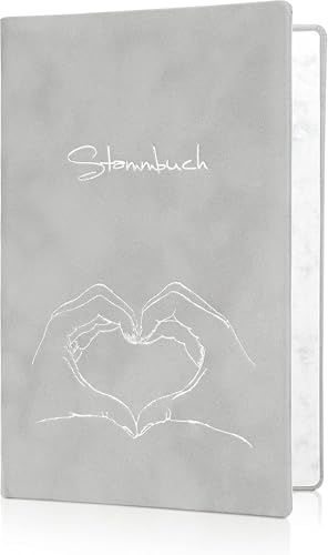 SAMONA Stammbuch der Familie Hochzeit – Familienstammbuch Velours Grau Prägung Hand mit Herz in Silber – Handgefertigtes Stammbuch mit 6-Ring Mechanik für Urkunden 13x20 cm – Familienbuch Hochzeit