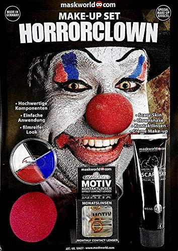 Hochwertiges Halloween Schminke Komplett-Set Horror Clown mit perfekt abgestimmten Komponenten - Make-Up - Clownsnase - Scary Skin - Kontaktlinsen