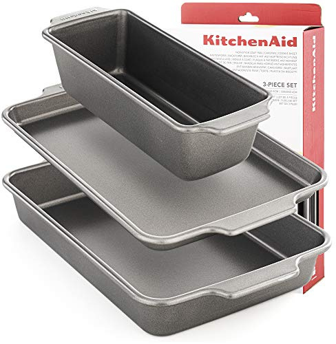 Ktichenaid Baking Trays Set of 3 Baking Tray non Stick Oven Tray Oven Trays Non Stick Baking Sheets for Oven Square Baking Tin Tray Bakeware Bake Cake Tin 1lb 2lb Loaf Tin Cake-tins Dishwasher Safe