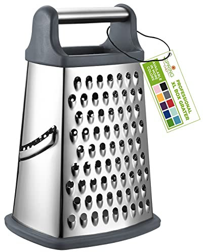 Spring Chef Professional Cheese Grater - Stainless Steel Box Grater for Kitchen, XL Size, 4 Sides - Perfect Shredder for Parmesan Cheese, Carrot, Potato, Ginger - Dishwasher Safe - Gray