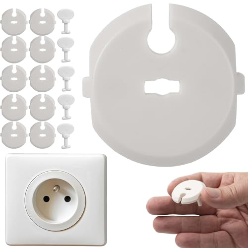 Cache-Prise Bébé sans Adhésif, 10 pièces, en Blanc, Convient aux Prises de Type E, Sûreté Enfants, Protection des Doigts à insérer, protège-Prise avec clés, Sécurité bébé, Sécurité Enfant Prises
