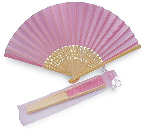 OLILLY 50 Handfächer für Hochzeit, Rosa+ individuelle Organza-Beutel - Ihr Geschenk für die Gäste weiß (50 Handfächer) (Rosa, 50 Handfächer)