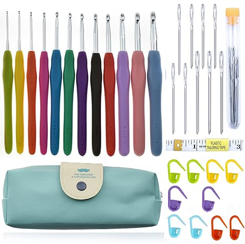 INF Uncinetto Set 12 Pezzi Colorato Ergonomico Gomma Morbida Impugnatura Comoda Kit Uncinetto Ferri da Maglia Attrezzo Domestico con Custodia Portatile, Uncinetto, Segnapunti e Metro a Nastro