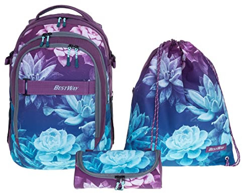 Bestway Schulrucksack Jungen Mädchen 3 Teile Set Evolution Packer Evo Schulmappe Rucksack Schultasche Tasche 40177 Sportbeutel, Mäppchen +rsm (Dark Flower 5821)