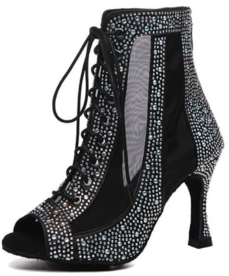 RUYBOZRY Scarpe da Ballo Latino Donna Punta Aperta Stivali da Ballo Salsa Strass,YCL551-Black-7.5,EU37