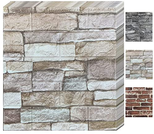 Bibykivn Carta da parati 3D in mattoni,10 pezzi di carta da parati autoadesiva Vintage,35 x 38cm,Stickers Design Moderno,impermeabile,per Cucina, Bagno, Soggiorno, Salone, Ufficio (Colore Roccia)