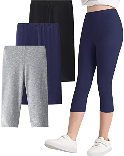 Adorel Mädchen Leggings Capri Sommer Kurz Hosen Caprihosen Shorts 3er-Pack Schwarz & Dunkelblau & Hellgrau 158-164 (Herstellergröße 160)