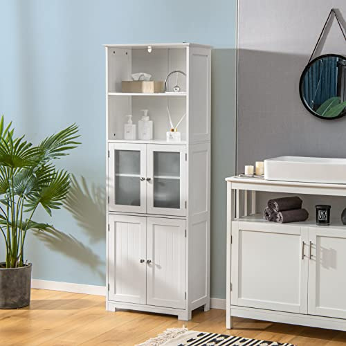 COSTWAY Meuble de Salle de Bain à 4 Portes 2 Compartiments Ouverts, Colonne Salle de Bain Armoire Haute avec Étagères Réglables pour Salon, Cuisine, 60 x 30 x 163 cm, Blanc
