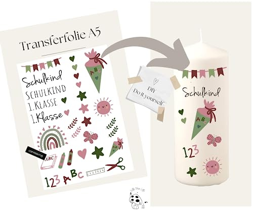 DIN A5 Kerzenfolie/Kerzentattoo zur Einschulung zum Schulstart Schulbeginn für Junge und Mädchen | zum selber machen - Kerzensticker DIY (4001 - rosa/rot/grün)